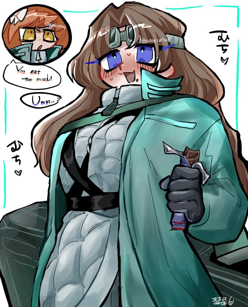 2girls aqua_coat black_gloves breasts brown_hair candy chocolate chocolate_bar coat devyat&#039;_association_north_uniform food gloves goggles goggles_on_head highres ishmael_(project_moon) jacket_under_coat large_breasts limbus_company long_hair long_sleeves looking_at_viewer multiple_girls open_mouth orange_hair overcoat project_moon purple_eyes rodion_(project_moon) simple_background solo_focus standing suisei0708 upper_body white_background yellow_eyes