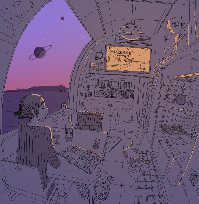 2girls absurdres bed bookshelf bottle cactus cat chair city controller cup drinking_glass gradient_sky hair_bun highres ladder laundry_basket long_sleeves multiple_girls original partially_colored pillow planet refrigerator remote_control ryaw sink sky slippers star_(sky) starry_sky stove stuffed_animal stuffed_shark stuffed_toy table teddy_bear television train train_interior wine_bottle wine_glass