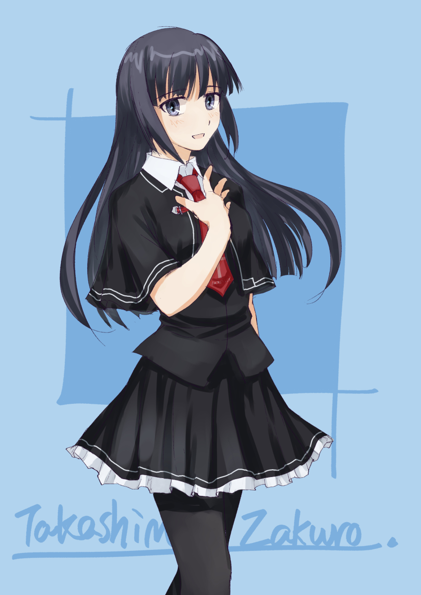 1girl black_capelet black_hair blue_eyes capelet character_name highres long_hair looking_at_viewer necktie pantyhose red_necktie rikarika school_uniform skirt smile solo takashima_zakuro tsui_no_sora tsui_no_sora_(remake)