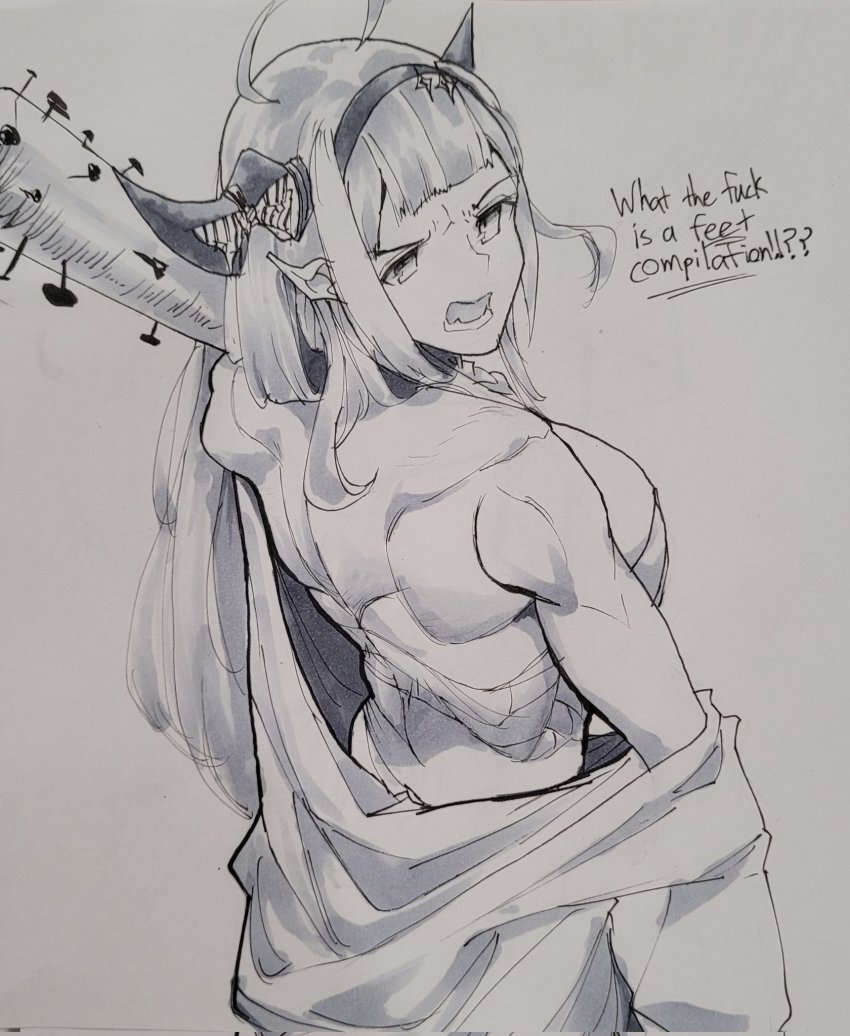 1girl angry back baseball_bat braid breasts dragon_girl dragon_horns english_text fangs from_behind greyscale hairband highres hololive horns jacket kiryu_coco large_breasts long_hair loose_clothes monochrome muscular muscular_female nail nail_(hardware) nail_bat over_shoulder pointy_ears pompmaker1 ribbon sarashi solo traditional_media virtual_youtuber