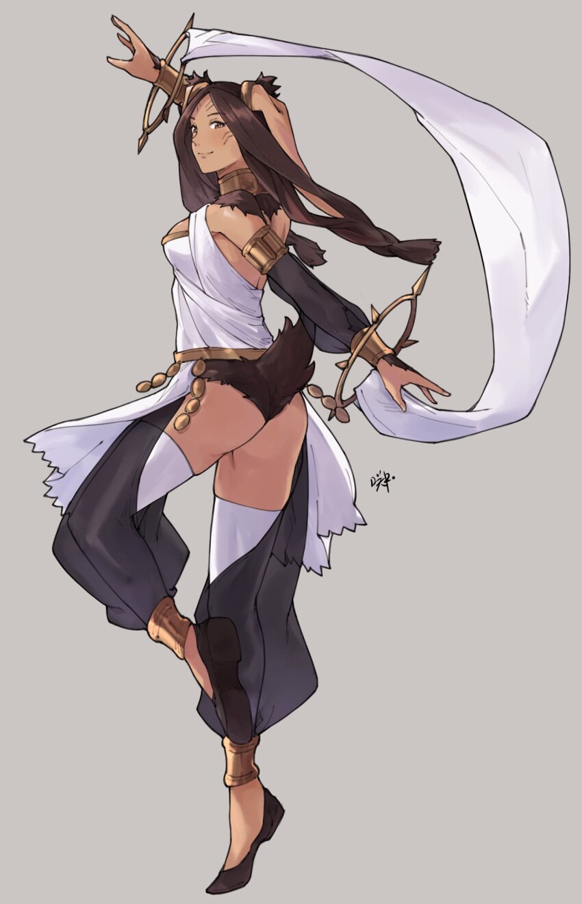 1girl alternate_costume animal_ears ass black_sleeves brown_eyes brown_fur brown_hair brown_shoes closed_mouth commentary commission cosplay dancer dancing dark-skinned_female dark_skin detached_sleeves dress english_commentary facial_mark fire_emblem fire_emblem_awakening from_behind grey_background highres long_hair looking_at_viewer nintendo olivia_(fire_emblem) olivia_(fire_emblem)_(cosplay) panne_(fire_emblem) rabbit_ears rabbit_girl rabbit_tail sakuremi see-through_clothes shoes signature simple_background smile solo taguel tail white_dress