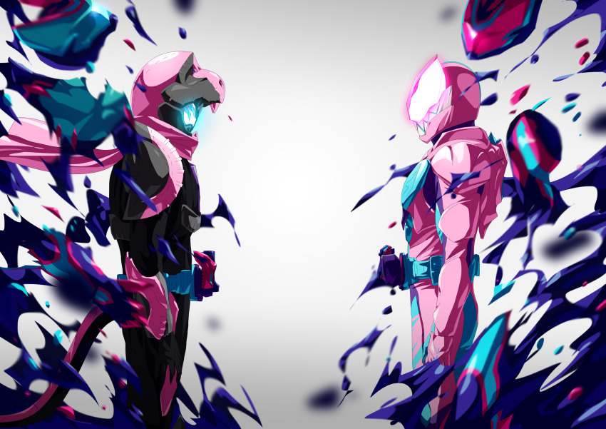 2boys absurdres animal_hood armor black_armor blue_armor blue_eyes cowboy_shot rider_belt gloves henshin highres hood kamen_rider kamen_rider_revi kamen_rider_revice kamen_rider_ultimate_revi kamen_rider_ultimate_vice kamen_rider_vice male_focus multiple_boys otokamu pink_armor pink_gloves red_eyes revice_driver rex_genome rider_belt scarf sharp_teeth tail teeth tokusatsu tyrannosaurus_rex vistamp
