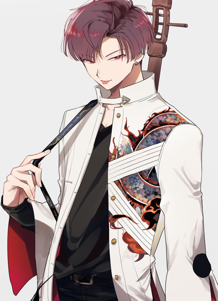 1boy :p absurdres arm_at_side belt black_belt black_pants black_shirt buckle buttons collarbone collared_jacket cowboy_shot earrings fate/grand_order fate_(series) highres instrument_on_back jacket jewelry long_sleeves looking_at_viewer male_focus open_clothes open_jacket pants parted_bangs red_eyes red_hair shirt short_hair solo takasugi_shinsaku_(fate) takasugi_shinsaku_(first_ascension)_(fate) tongue tongue_out white_jacket yuu_(areruya)