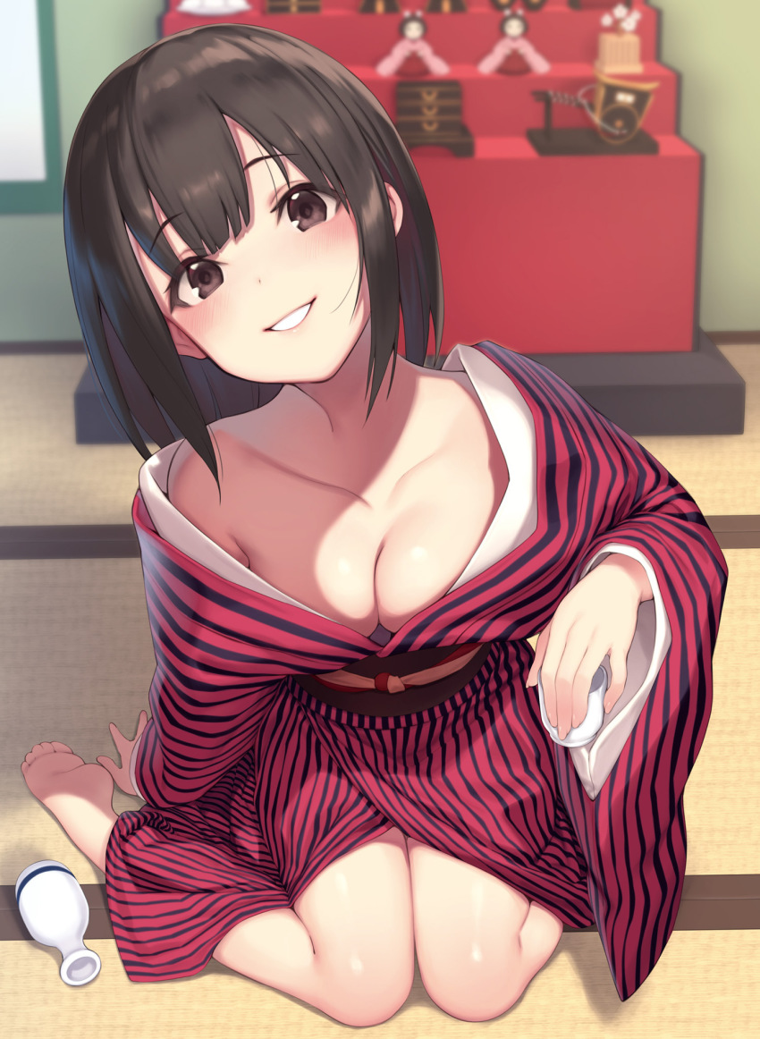 1girl altar architecture arm_support bare_legs bare_shoulders barefoot black_kimono blurry blush bottle breasts brown_eyes brown_hair chariot cleavage collarbone cup dengeki_moeoh depth_of_field doll drinking_glass east_asian_architecture facing_viewer female_focus head_tilt highres holding holding_cup holding_drinking_glass indoors japanese_clothes kimono long_hair long_sleeves looking_at_viewer no_bra obi off_shoulder open_clothes open_kimono original pokachu red_kimono sake_bottle sash shrine sitting small_breasts smile solo striped_clothes striped_kimono teeth tokkuri vertical-striped_clothes vertical-striped_kimono wariza wide_sleeves yukata