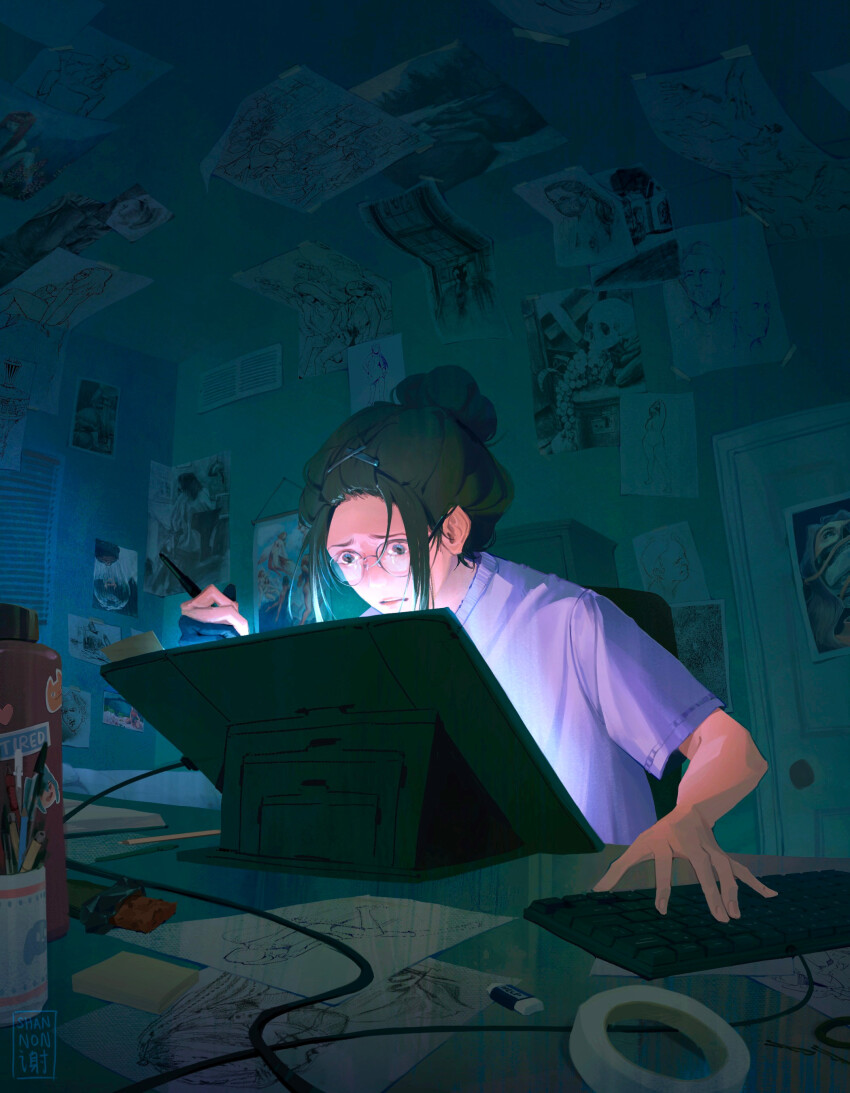 1girl absurdres artist_name black_hair ceiling computer_keyboard desk door drawing_(object) drawing_tablet eraser glowing hair_bun highres indoors loaded_interior logo looking_down monitor night original paper pen pencil poster_(object) shannon_xie shirt signature single_hair_bun solo sticky_note stylus table tape white_shirt wire