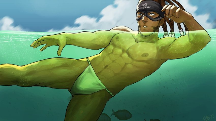 1boy abs artist_name baire bandeiras_hattori beard blue_eyes brown_hair dark-skinned_male dark_skin day facial_hair fundoshi dreadlocks headband japanese_clothes long_hair male_focus male_underwear mask partially_submerged topless_male sky solo teeth the_king_of_fighters the_king_of_fighters_xiv water white_male_underwear