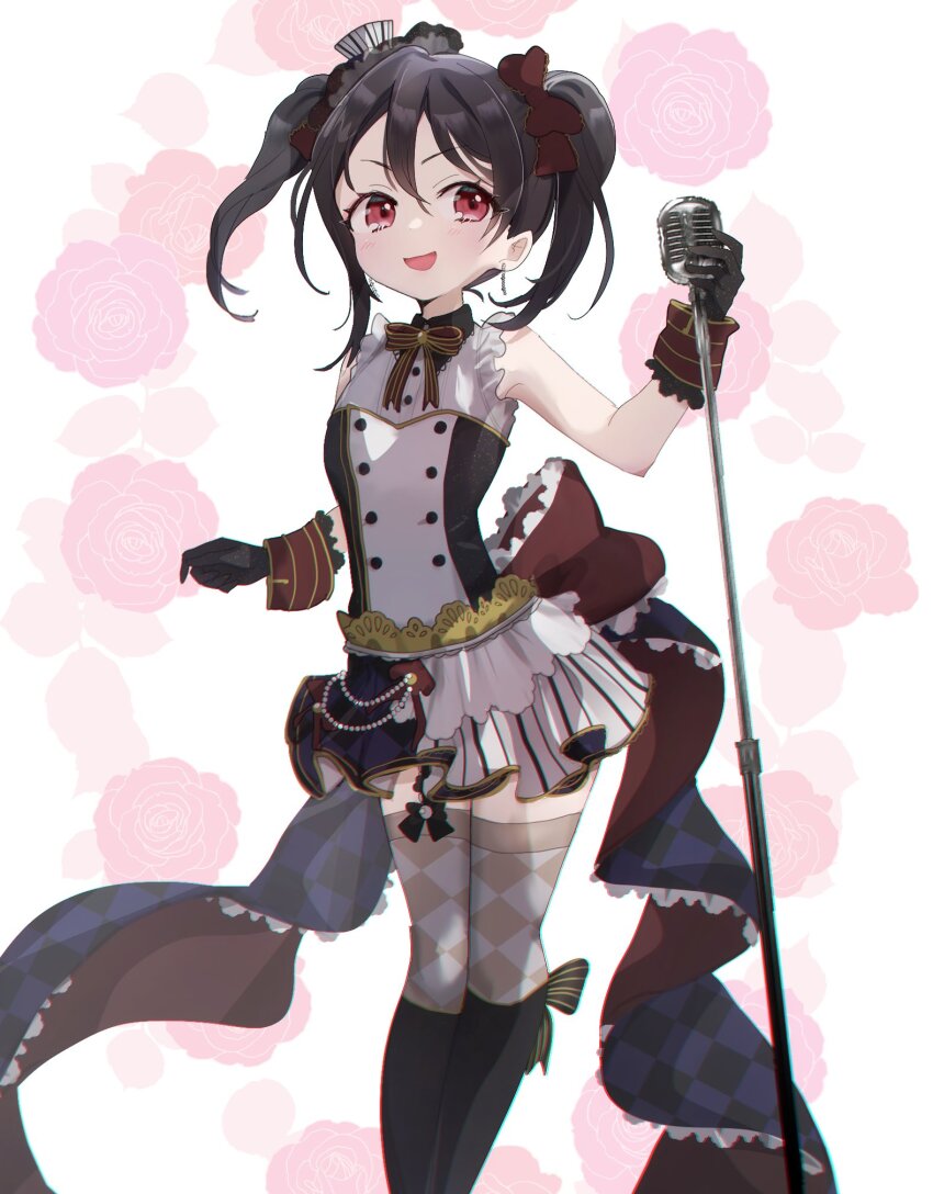 1girl 299_(horisso) :d bare_shoulders black_boots black_hair blush boots bow brown_bow brown_thighhighs costume_request feet_out_of_frame floral_background frilled_shirt frills hair_between_eyes hair_bow highres knee_boots love_live! love_live!_school_idol_festival_all_stars love_live!_school_idol_project medium_hair microphone open_mouth red_eyes shirt smile solo thighhighs twintails v-shaped_eyebrows vintage_microphone white_background white_shirt yazawa_nico zettai_ryouiki
