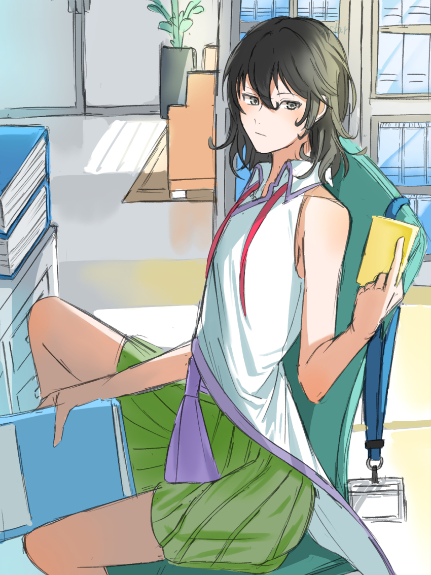 1other androgynous armchair bare_arms bare_legs bare_shoulders black_hair book book_stack bookshelf carpet chair closed_mouth coattails collared_shirt commentary_request desk door enraku_tsubakura expressionless feet_out_of_frame green_hakama grey_eyes hair_between_eyes hakama hakama_short_skirt hakama_skirt highres holding holding_book indoors japanese_clothes knee_up len&#039;en light_blush light_frown medium_hair messy_hair name_tag neck_ribbon no_coat no_headwear nostrils on_chair other_focus partially_undressed plant potted_plant red_ribbon ribbon shirt sitting skirt sleeveless sleeveless_shirt solo undone_neck_ribbon white_shirt yoni.