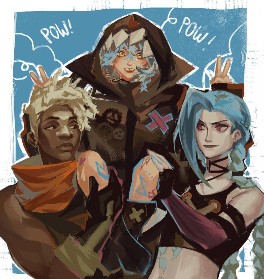 1boy 2girls arcane:_league_of_legends arcane_jinx black_choker blonde_hair blue_background blue_hair border braid brown_eyes child choker cloud_tattoo crop_top dark-skinned_male dark_skin dreadlocks ekko_(league_of_legends) english_text fingerless_gloves firelight_ekko freckles gloves highres hood hooded_jacket isha_(arcane) izyumn jacket jinx_(league_of_legends) league_of_legends multiple_girls neckerchief orange_neckerchief outside_border parted_lips pink_eyes sitting_on_shoulder stomach_tattoo tattoo toned toned_male tooth_gap twin_braids upper_body v white_background white_border x yellow_eyes