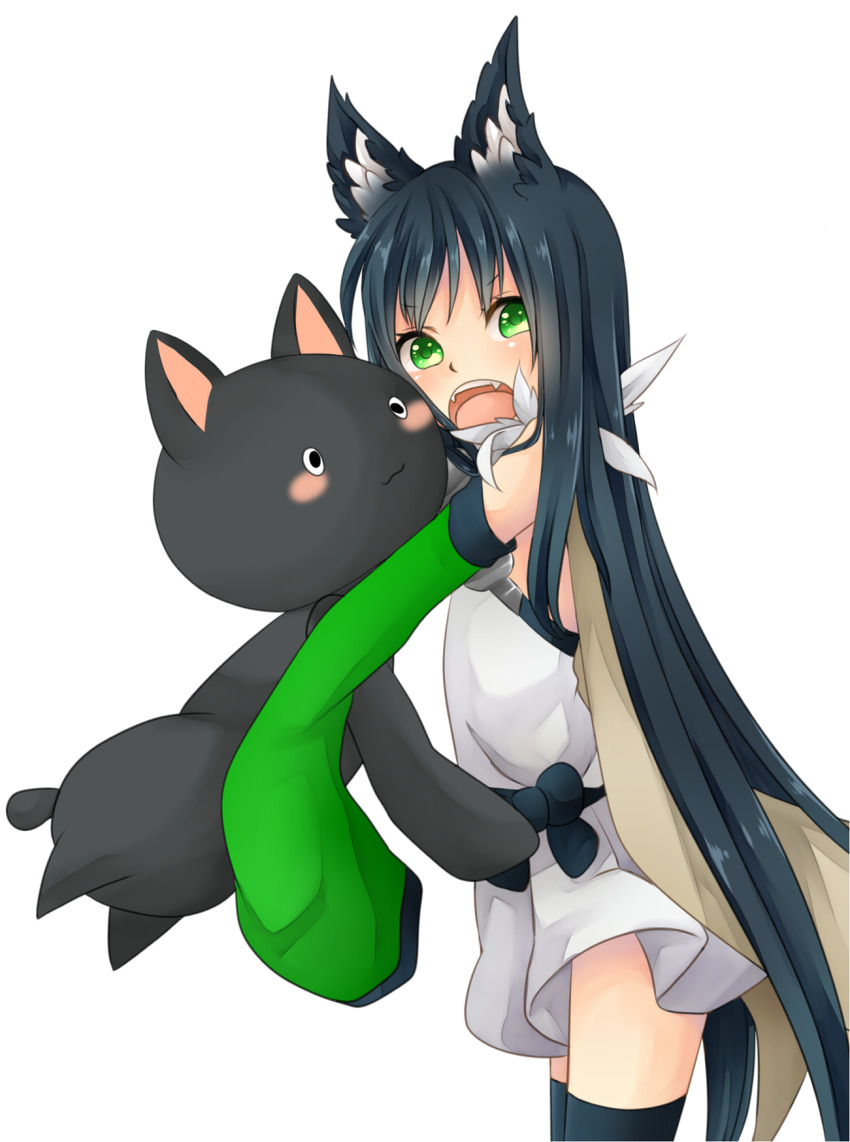 1girl alchemist_(ragnarok_online) animal_ears black_hair black_thighhighs blush brown_cape cape cat_ears cat_girl commentary_request cowboy_shot detached_sleeves dress flat_chest fur_collar green_eyes green_sleeves highres long_hair looking_at_viewer looking_to_the_side meiko_(nattu303) open_mouth ragnarok_online short_dress simple_background sleeves_past_fingers sleeves_past_wrists solo strapless strapless_dress thighhighs very_long_hair white_background