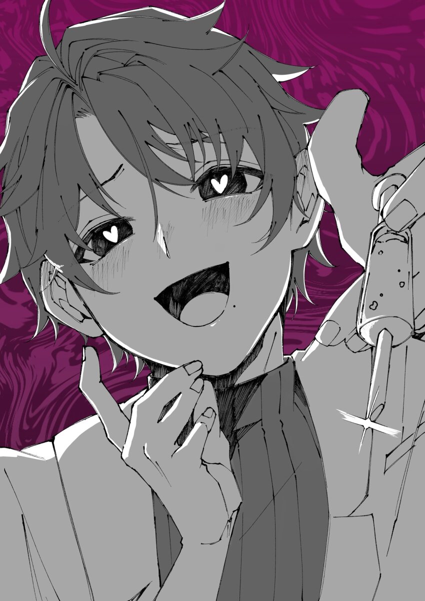1boy arms_up blush commentary_request fingernails greyscale_with_colored_background hair_behind_ear heart heart-shaped_pupils highres holding holding_syringe jacket lapels looking_at_viewer male_focus needle notched_lapels open_clothes open_jacket open_mouth parted_bangs purple_background shioshio3d short_hair solo sparkle symbol-shaped_pupils syringe takahashi_akira_(yohaji) tongue turtleneck upper_body youkai_gakkou_no_sensei_hajimemashita!