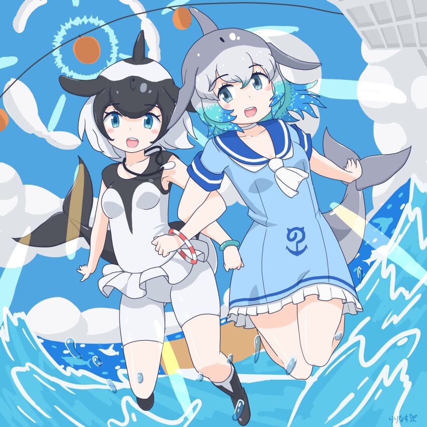 2girls anchor_symbol black_boots black_hair black_one-piece_swimsuit blowhole blue_dress blue_eyes blue_hair blue_trim blush boots cetacean_tail choker commerson&#039;s_dolphin_(kemono_friends) common_bottlenose_dolphin_(kemono_friends) dolphin_girl dorsal_fin dress fins fish_tail frilled_dress frilled_one-piece_swimsuit frills grey_hair hair_between_eyes head_fins highres japari_symbol jewelry kemono_friends locked_arms multicolored_hair multiple_girls neckerchief necklace one-piece_swimsuit open_mouth ririnasoon sailor_collar sailor_dress short_hair short_sleeves sidelocks smile socks swimsuit tail two-tone_hair two-tone_one-piece_swimsuit water white_choker white_hair white_neckerchief white_one-piece_swimsuit white_socks