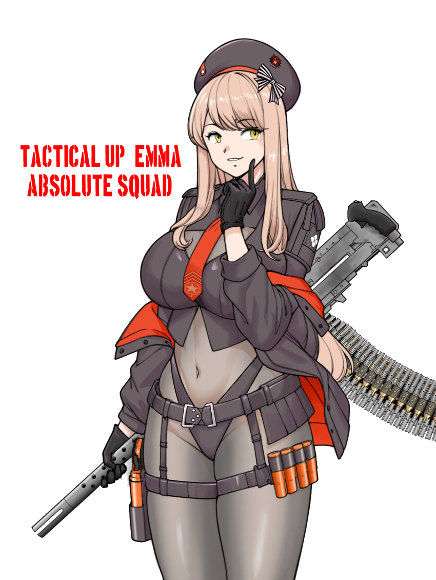 1girl ammunition_belt belt beret black_belt black_gloves black_hat black_jacket bodystocking bow breasts brown_hair commentary_request covered_navel cowboy_shot emma_(nikke) gloves goddess_of_victory:_nikke gun hat hat_bow highres holding holding_gun holding_weapon jacket large_breasts long_hair long_sleeves looking_to_the_side machine_gun necktie off_shoulder official_alternate_costume ogirin3948 parted_lips pouch red_necktie shirt simple_background skindentation smile solo standing striped_bow swept_bangs thigh_pouch thigh_strap utility_belt weapon white_background yellow_eyes