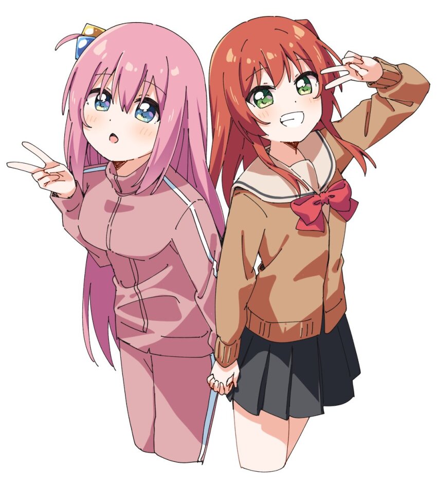 2girls :o arm_up black_skirt blue_eyes blush bocchi_the_rock! bow bowtie brown_cardigan cardigan commentary cropped_legs dot_nose gotoh_hitori green_eyes grin hair_between_eyes hair_ornament hand_up haru_(konomi_150) holding_hands jacket kita_ikuyo long_hair long_sleeves looking_at_viewer multiple_girls one_side_up open_mouth pants pink_hair pink_jacket pink_pants pleated_skirt red_bow red_bowtie red_hair sailor_collar school_uniform shuka_high_school_uniform sidelocks simple_background skirt smile track_jacket turtleneck turtleneck_jacket v white_background white_sailor_collar
