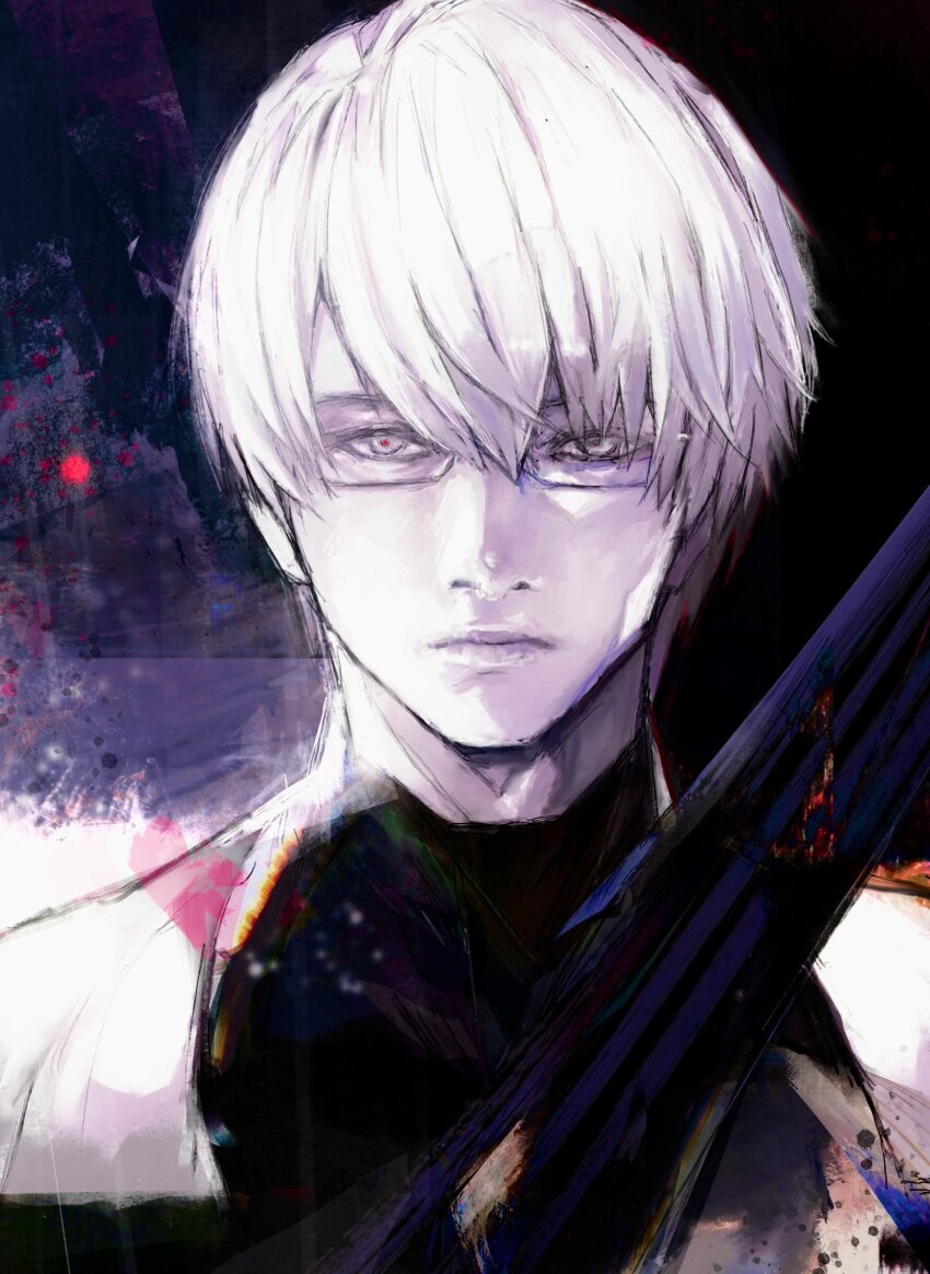 1boy arima_kishou black_shirt closed_mouth glasses highres holding holding_weapon male_focus multicolored_background pale_skin portrait shirt short_hair solo tokyo_ghoul tokyo_ghoul:re weapon white_hair xa8uofivf2mcart