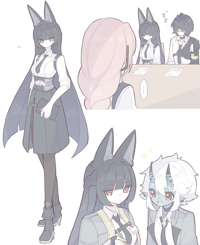 ... 1boy 3girls absurdres animal_ear_fluff animal_ears aqua_jacket asaba_harumasa black_necktie black_pantyhose black_skirt blue_oni blue_skin blunt_bangs collared_shirt colored_skin fox_ears fox_girl hair_between_horns headband high-waist_skirt highres horns hoshimi_miyabi jacket long_hair multicolored_horns multiple_girls necktie oni pantyhose pink_hair red_eyes shirt short_hair skirt sleeves_rolled_up soukaku_(zenless_zone_zero) tsukishiro_yanagi two-tone_horns white_hair white_shirt yellow_headband zenless_zone_zero zzzii0
