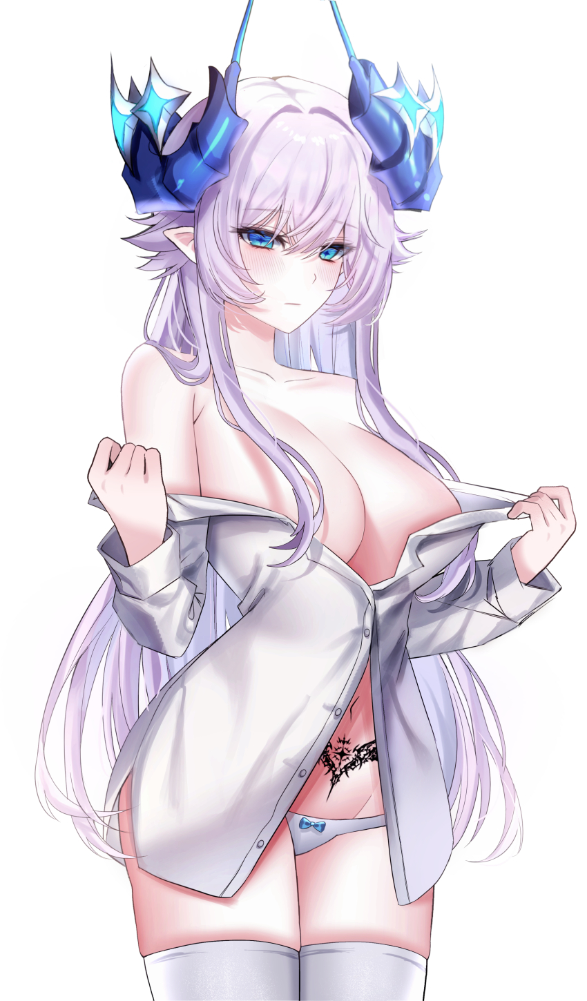 +_+ 1girl absurdres bare_shoulders blue_eyes blue_horns blush bow bow_panties breasts buttons cleavage collarbone commentary demon_girl demon_horns elsword english_commentary expressionless hair_between_eyes highres horns iblis_(elsword) large_breasts long_hair long_sleeves looking_at_viewer luciela_r._sourcream navel panties partially_unbuttoned pointy_ears pubic_tattoo pulling_own_clothes purple_hair shirt sidelocks solo standing symbol-shaped_pupils tattoo thighhighs underwear undressing unha very_long_hair white_panties white_shirt white_thighhighs