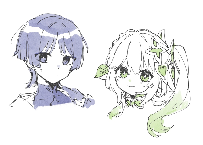 1boy 1girl asymmetrical_sidelocks blunt_ends bodysuit bright_pupils closed_mouth colored_tips covered_collarbone cropped_head cross-shaped_pupils eyelashes genshin_impact green_eyes green_hair hair_between_eyes hair_ornament highres leaf leaf_hair_ornament light_blush limited_palette long_hair looking_at_viewer mandarin_collar monochrome multicolored_hair nahida_(genshin_impact) pointy_ears purple_eyes purple_hair scaramouche_(genshin_impact) shoulder_peek side_ponytail sidelocks symbol-shaped_pupils tareme tenpi_(hello_3152) wanderer_(genshin_impact) white_background white_hair white_pupils wispy_bangs