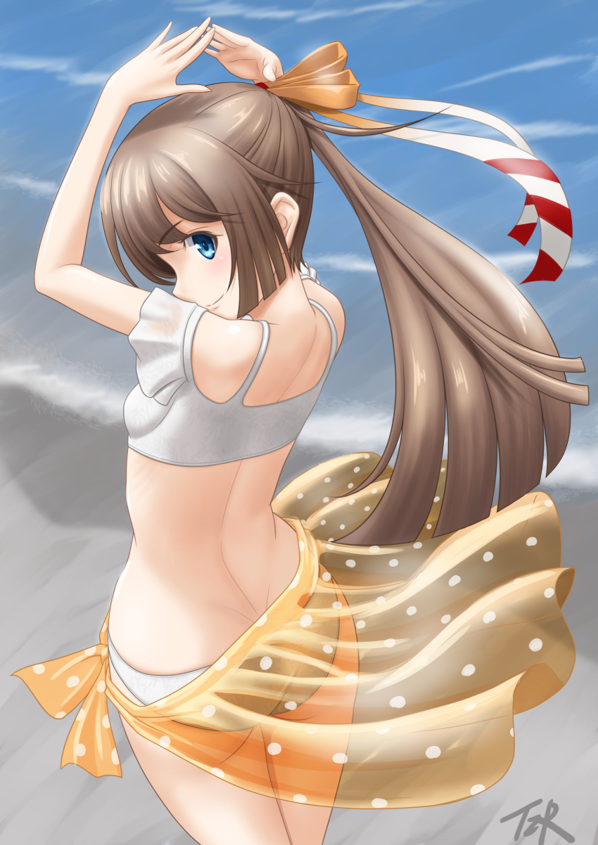 1girl arms_up beach bikini brown_hair from_behind grey_eyes hair_ribbon highres kantai_collection kazagumo_(kancolle) kazagumo_kai_ni_(kancolle) kazagumo_kai_ni_(swimsuit)_(kancolle) long_hair looking_at_viewer looking_back ocean outdoors polka_dot polka_dot_sarong ponytail ribbon sand sarong see-through_clothes see-through_sarong solo swimsuit t2r white_bikini yellow_sarong