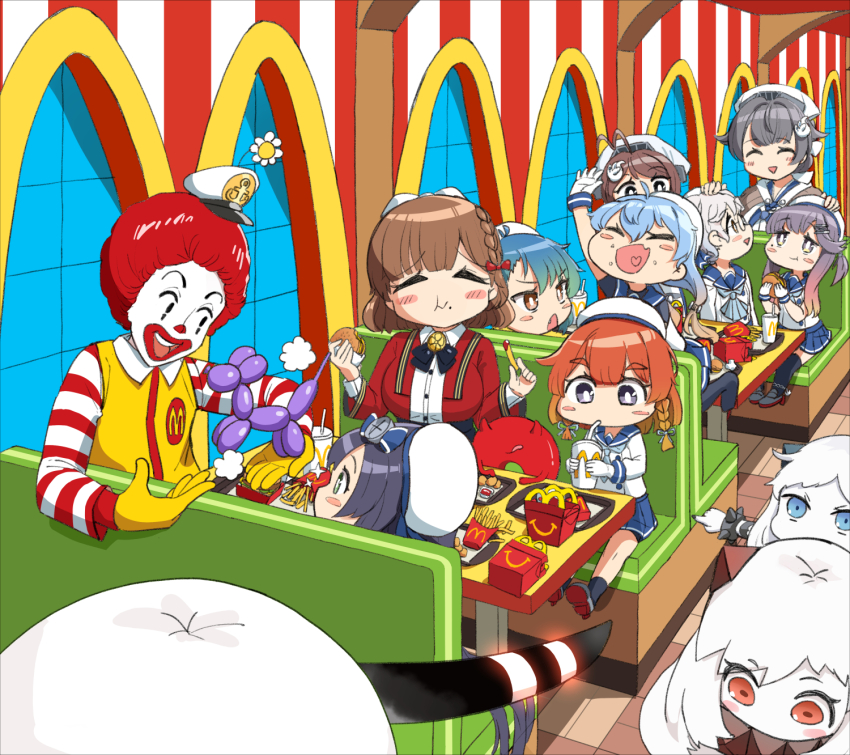 1boy 6+girls asahi_(kancolle) balloon_animal black_hair breasts brown_hair burger chougei_(kancolle) closed_eyes clown clown_boy commentary cup disposable_cup eating enemy_lifebuoy_(kancolle) english_commentary etorofu_(kancolle) fast_food flower food food_on_face french_fries fukae_(kancolle) glasses gloves grey_hair hair_flaps hair_ornament hat highres hirato_(kancolle) holding holding_cup holding_food horns indoors jingei_(kancolle) kantai_collection matsuwa_(kancolle) mcdonald&#039;s medium_breasts mole mole_under_eye multiple_girls northern_little_sister northern_ocean_princess open_mouth osananajimi_neko purple_hair red_hair ronald_mcdonald sado_(kancolle) seaport_princess single_horn sitting sparkle tsushima_(kancolle) white_flower white_gloves white_hair white_headwear