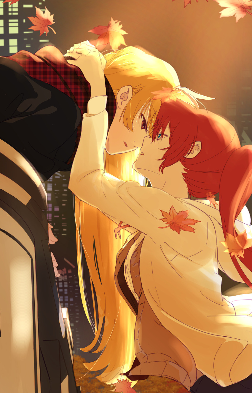 2girls absurdres autumn_leaves blonde_hair blue_eyes brown_hair fate_testarossa highres imminent_kiss leaf long_hair looking_at_another lyrical_nanoha mahou_shoujo_lyrical_nanoha mahou_shoujo_lyrical_nanoha_strikers multiple_girls ossan_jololol red_eyes scarf side_ponytail takamachi_nanoha very_long_hair wife_and_wife yuri