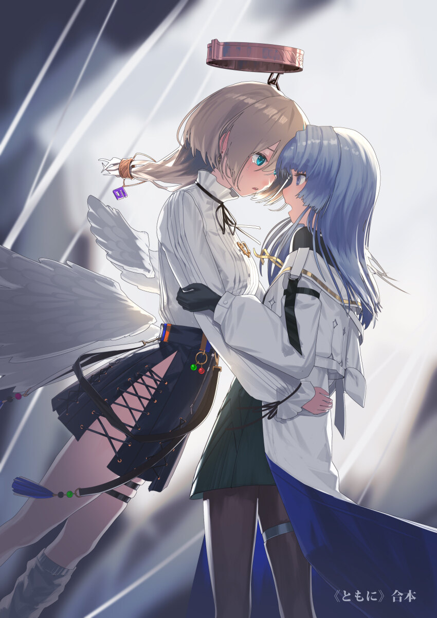 2girls absurdres arcaea black_gloves blue_eyes coat compassion_(arcaea) detached_wings dress feathered_wings frilled_skirt frills gloves grey_hair hair_ornament highres hug insight_(arcaea) long_hair long_sleeves multiple_girls neck_ribbon ribbon ronnie_choy skirt tears white_coat wings