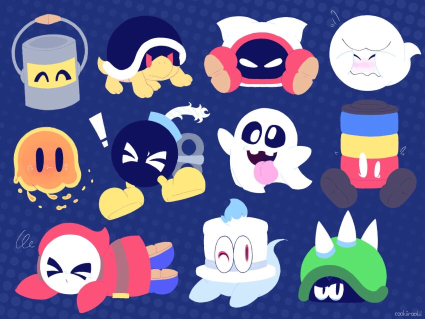 ! &gt;_&lt; artist_name blue_background blue_footwear blush bob-omb bomb boo_(mario) buzzy_beetle cappy_(mario) closed_eyes closed_mouth commentary cookiirookii crackastacka cross-eyed english_commentary explosive flying_sweatdrops full_body fuse ghost ghost_tail hands_on_own_face hat highres hoppycat huey_(paper_mario) lava_bubble lying mario_(series) mask nintendo no_humans on_stomach one_eye_closed open_mouth outmaway_(mario) paint_can paper_mario paper_mario:_color_splash partially_shaded_face peepa_(mario) polka_dot polka_dot_background red_eyes red_footwear shell shy_guy smile spikes super_mario_bros._wonder super_mario_odyssey tongue tongue_out top_hat wavy_mouth white_hat white_mask winding_key