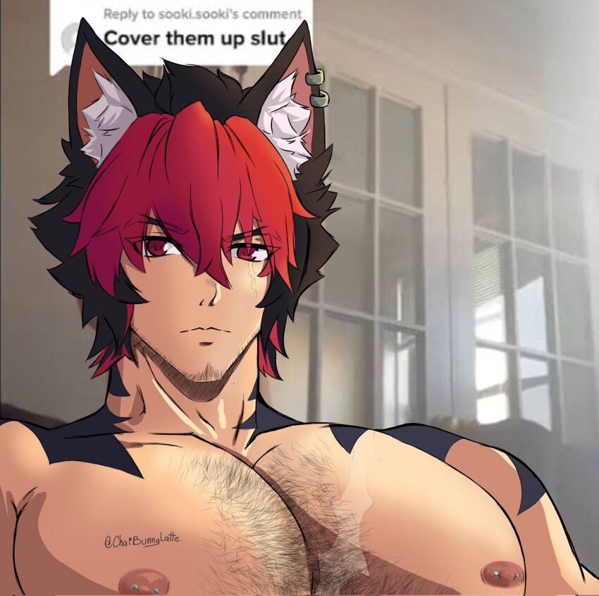 1boy animal_ears bara beard_stubble body_hair chaibunnylatte cover_them_up_slut_(meme) dog_boy facial_hair highres komano_manato large_pectorals male_focus meme multicolored_hair multiple_scars muscular muscular_male nipple_piercing nipples pectorals piercing red_eyes scar scar_across_eye scar_on_face stubble