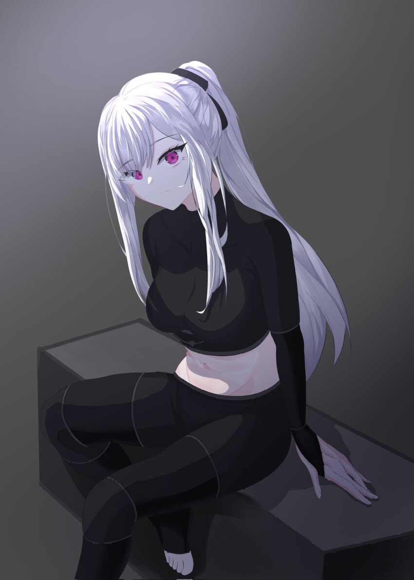 1girl ak-12_(girls&#039;_frontline) artificial_eye black_pants black_shirt girls&#039;_frontline grey_background grey_hair highres long_sleeves mechanical_eye navel pants ponytail purple_eyes shirt solo songhayun9 unusually_open_eyes