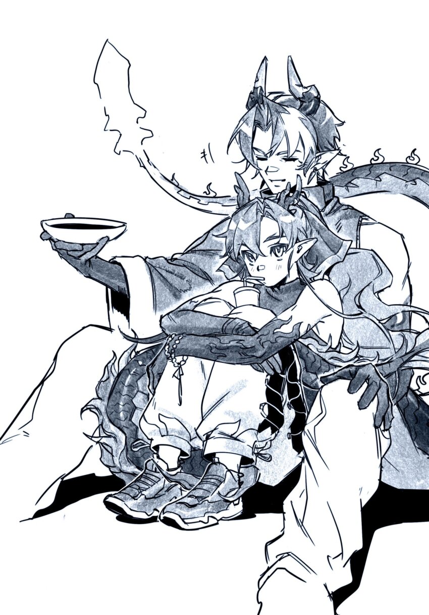 2boys arknights ax0057 chongyue_(arknights) closed_mouth cup dragon_boy dragon_tail drinking_straw drinking_straw_in_mouth greyscale hashtag-only_commentary highres holding holding_cup looking_at_another male_focus monochrome multiple_boys pointy_ears sitting tail white_background yu_(arknights)