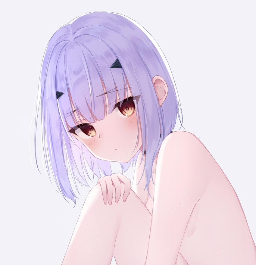1girl black_choker blush breasts brown_eyes choker closed_mouth commentary_request fate/grand_order fate_(series) grey_background hand_on_own_knee highres knee_up long_hair looking_at_viewer melusine_(fate) nude purple_hair riya_(01214) simple_background sitting small_breasts solo
