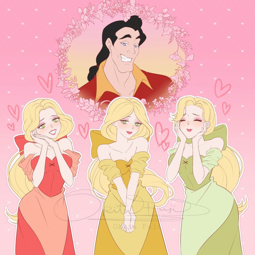 1boy 3girls apron bare_shoulders beauty_and_the_beast_(disney) bimbettes black_hair blonde_hair blush bow breasts closed_eyes corset disney dress gaston green_bow green_dress green_eyes hair_bow hands_on_own_cheeks hands_on_own_face heart hetero highres large_breasts multiple_girls muscular muscular_male off_shoulder okitafuji overskirt pink_background pink_lips red_bow red_dress skirt smile triplets waist_apron yellow_bow yellow_dress