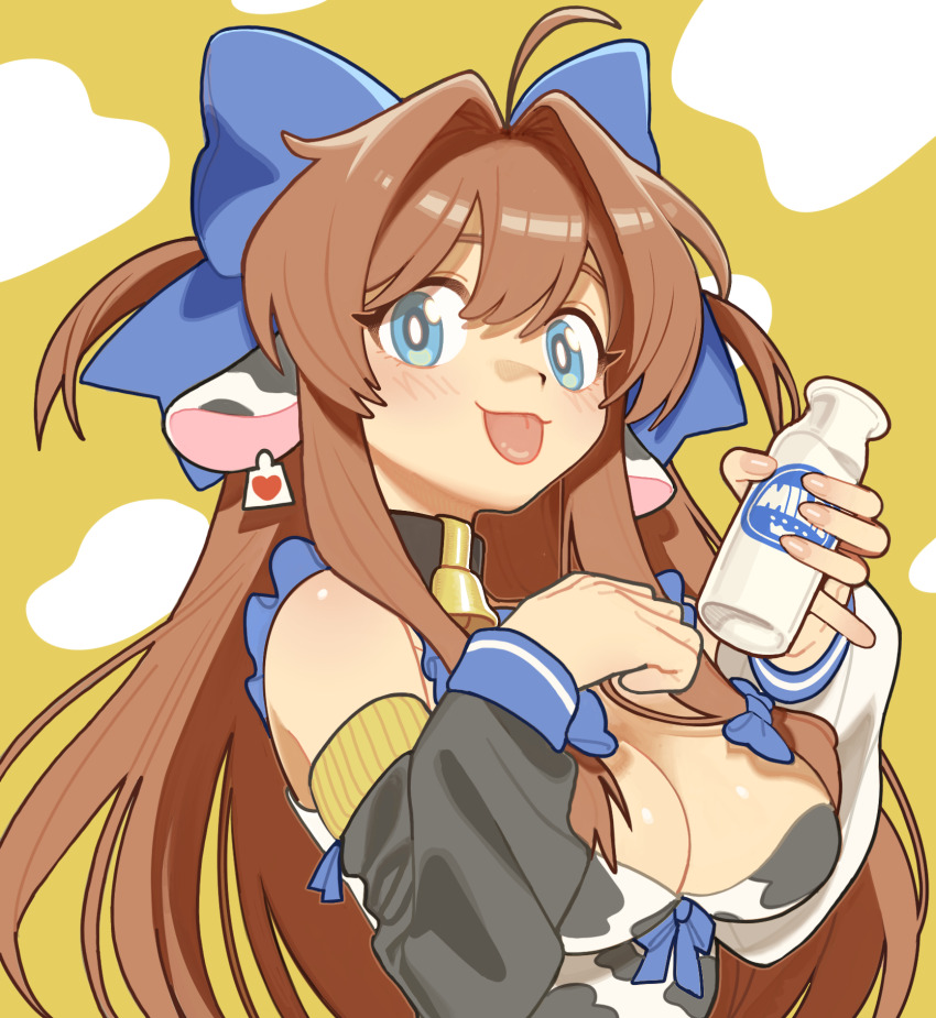 1girl :3 :p animal_ears animal_print aqua_eyes arm_warmers bare_shoulders bell black_arm_warmers blue_bow borrowed_character bottle bow breasts bright_pupils brown_hair cleavage closed_mouth colored_lineart commission cow_ears cow_girl cow_print cowbell double-parted_bangs ear_tag hair_bow hair_intakes hands_up heart highres holding holding_bottle large_bow light_blush long_hair looking_at_viewer low_neckline medium_breasts milk milk_bottle neck_bell original ra_ra_rairu second-party_source skeb_commission smile solo strapless tongue tongue_out two-tone_background upper_body white_background white_pupils yellow_background