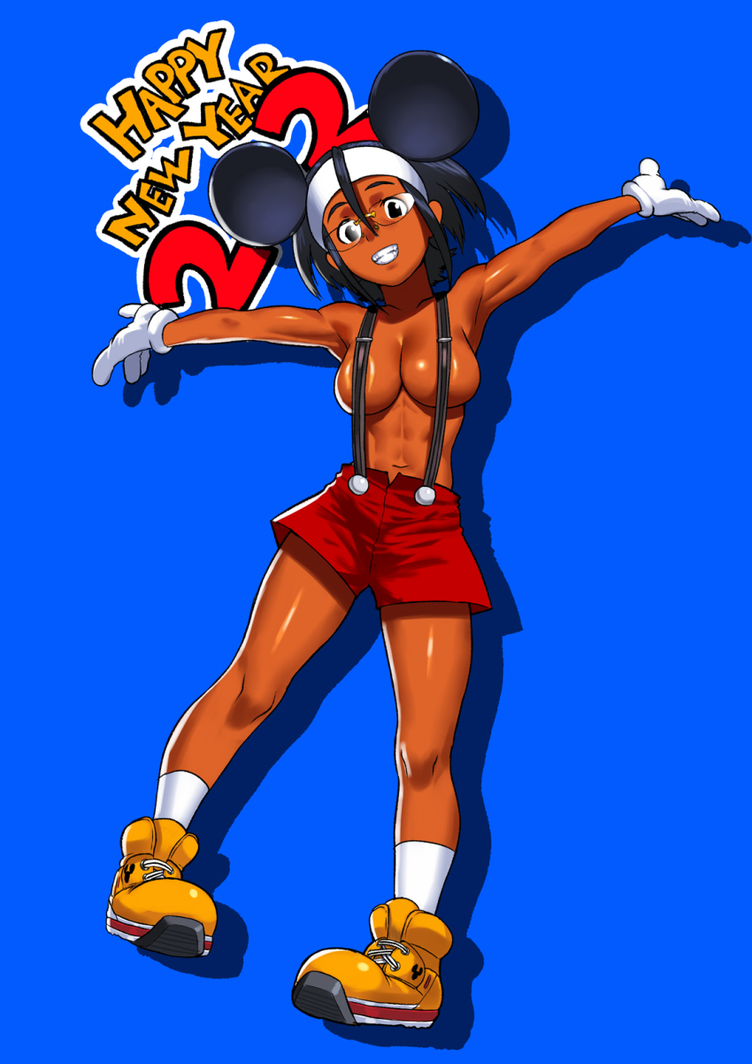 1girl 2020 abs arms_up arung_samudra_(cessa) black_eyes black_hair blue_background breasts cessa chinese_zodiac cleavage cosplay dark-skinned_female dark_skin gloves happy_new_year headband highres medium_breasts mickey_mouse mickey_mouse_&amp;_friends mickey_mouse_(cosplay) navel new_year ombok_diving_and_delivery_services parted_lips red_shorts shadow shoes short_hair shorts simple_background smile socks solo suspenders white_gloves white_headband white_socks year_of_the_rat yellow_shoes