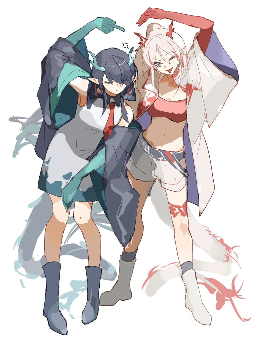 2girls anger_vein arknights bandeau black_hair closed_eyes colored_skin dragon_girl dragon_horns dragon_tail dusk_(arknights) earrings eastern_dragon_tail gradient_skin green_hands green_horns green_skin highres horns jewelry multicolored_hair multiple_girls nian_(arknights) pointy_ears red_bandeau red_skin siblings sisters streaked_hair tail tassel tassel_earrings tropicalnight29 white_hair