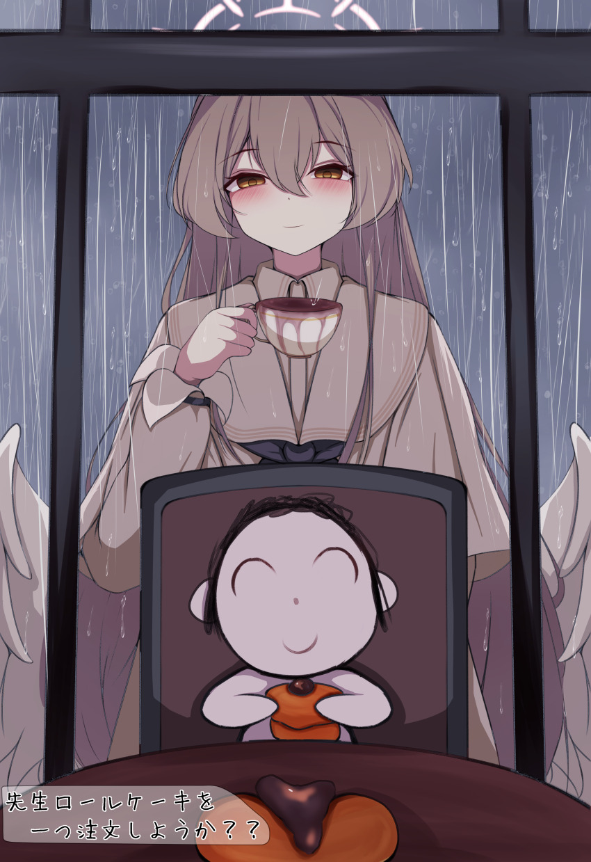 1boy 1girl absurdres behind_another blonde_hair blue_archive commentary_request cup doodle_sensei_(blue_archive) feathered_wings gbr20210907 hair_between_eyes halo highres holding holding_cup light_smile long_hair looking_at_viewer nagisa_(blue_archive) overflowing rain sensei_(blue_archive) teacup white_wings wings yellow_eyes