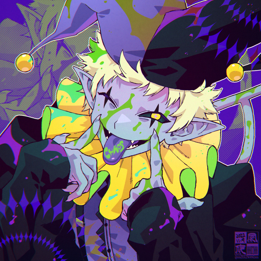 1boy ben-day_dots black_sclera black_shirt blonde_hair chromatic_aberration claws clown colored_sclera colored_skin colored_tongue deltarune fangs grey_skin hat highres humanization jester jester_cap jevil long_sleeves neck_ruff paint_splatter pointy_ears scar_across_eyes screentones shirt short_hair solo solo_focus spade_(shape) tongue tongue_out watermark yellow_eyes yokaze_(xxxdisxxx)