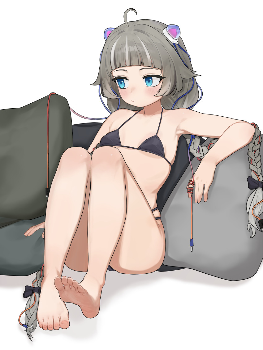 1girl :/ ahoge arched_bangs arm_at_side arm_rest armpits audio_jack bare_arms bare_legs bare_shoulders barefoot bikini black_bikini blue_eyes breasts character_request closed_mouth copyright_request full_body gear_(user_crga2573) grey_hair halterneck headgear knees_up leaning_back legs light_blush long_hair looking_to_the_side low_twin_braids mole mole_under_eye multi-strapped_bikini_bottom multicolored_hair pillow sideways_glance simple_background sitting small_breasts soles solo streaked_hair string_bikini swimsuit toes twin_braids very_long_hair virtual_youtuber white_background