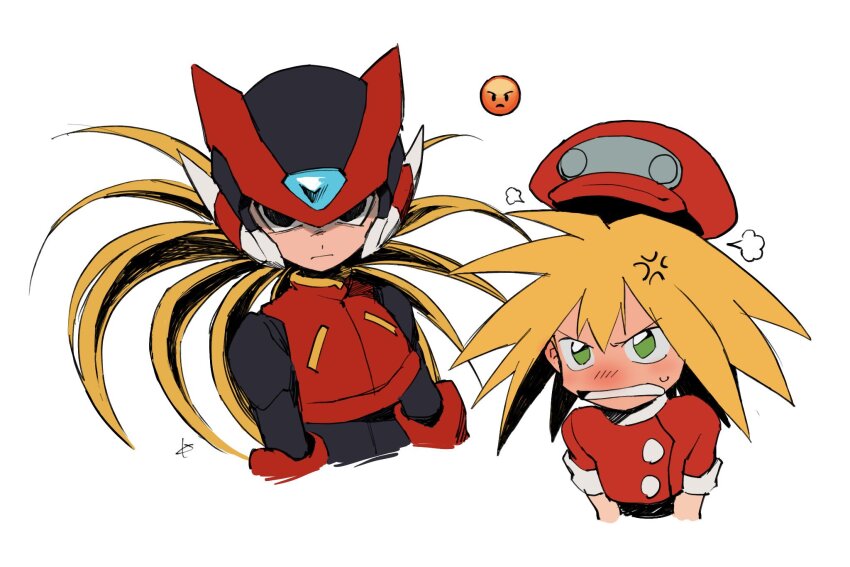 1boy 1girl android angry black_eyes blonde_hair commentary_request emoji glaring green_eyes hat helmet highres in-franchise_crossover karen_(karenoni1031) long_hair mega_man_(series) mega_man_legends_(series) mega_man_zero_(series) roll_caskett_(mega_man) simple_background upper_body zero(z)_(mega_man) zero_(mega_man)