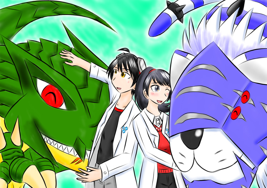 1boy 1girl baihumon coat digimon dinorexmon dinosaur highres mask momotsuka_takuma red_eyes shibuya_aoi tiger