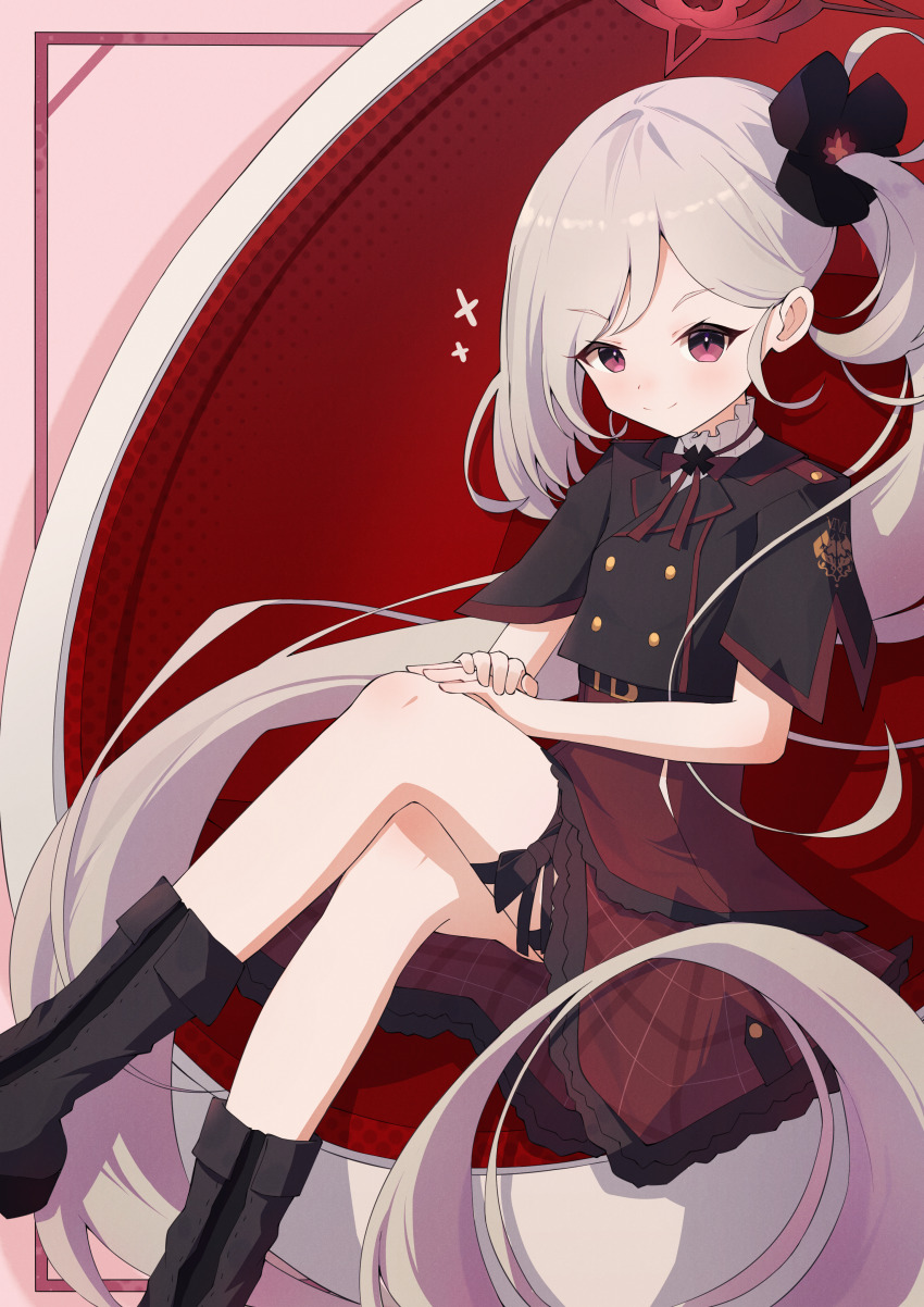 1girl absurdres anleewind belt black_belt black_boots black_flower black_jacket blue_archive boots buttons closed_mouth commentary cropped_jacket double-breasted flower frilled_skirt frills hair_flower hair_ornament halo hand_on_own_leg high-waist_skirt highres jacket long_hair looking_at_viewer mutsuki_(blue_archive) pink_background plaid_clothes plaid_skirt red_eyes red_halo red_skirt shirt side_ponytail sitting skirt solo turtleneck very_long_hair white_hair white_shirt
