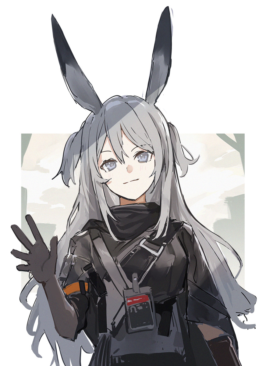 1girl absurdres animal_ears arknights black_gloves black_jacket closed_mouth commentary elbow_gloves gloves grey_eyes grey_hair hair_between_eyes hand_up highres jacket light_blush light_smile long_hair looking_at_viewer savage_(arknights) solo strap sudadachi waving white_background