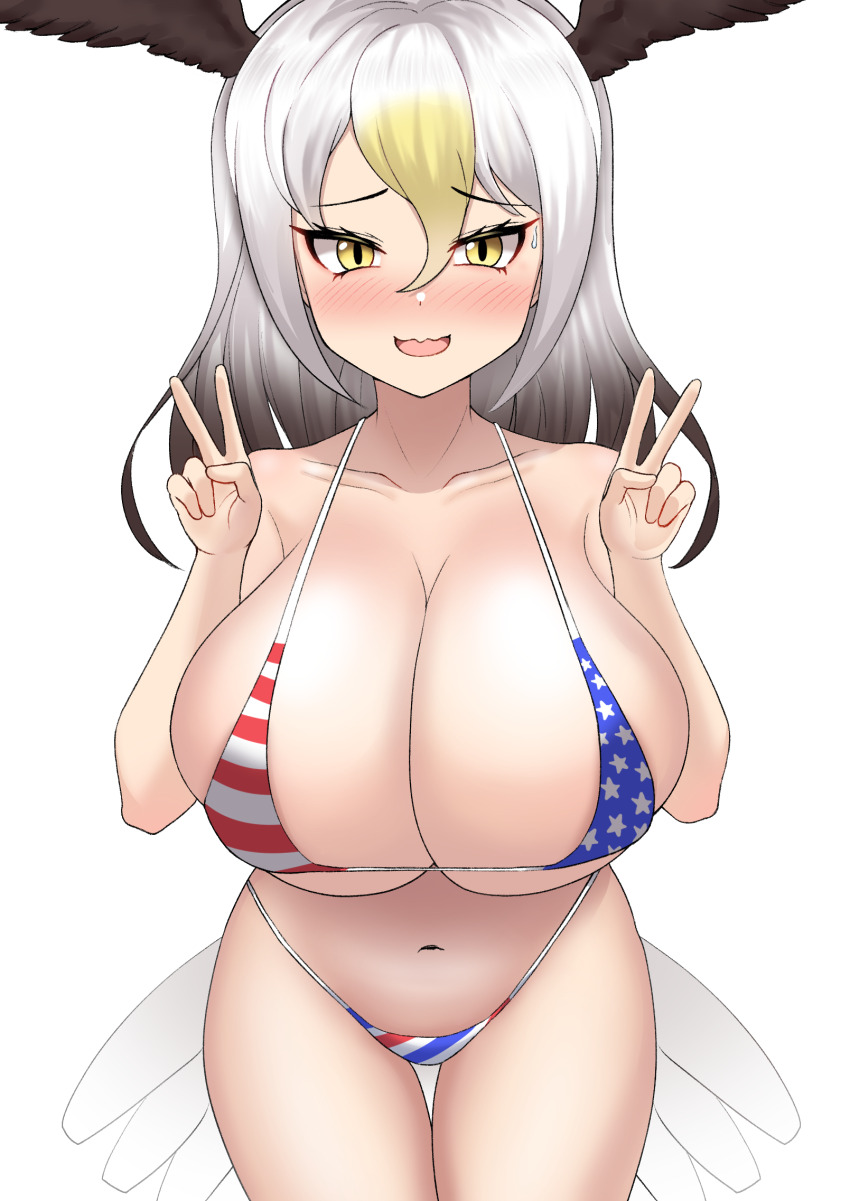 1girl american_flag american_flag_bikini american_flag_print bald_eagle_(kemono_friends) bikini bird_girl bird_tail bird_wings black_hair blonde_hair blush breasts collarbone double_v flag_print flag_print_bikini hair_between_eyes head_wings highres huge_breasts kemono_friends kemono_friends_3 long_hair looking_at_viewer multicolored_hair navel neukkom open_mouth print_bikini print_swimsuit smile solo swimsuit tail v wavy_mouth white_hair wings yellow_eyes