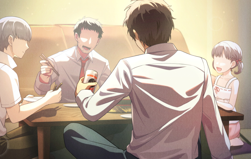 1girl 3boys :d absurdres adachi_tooru black_hair black_pants brown_hair brown_pants can chabudai_(table) child chopsticks collared_shirt cousins cushion doujima_nanako doujima_ryoutarou dress_shirt faceless faceless_female faceless_male father_and_daughter formal_clothes grey_hair hair_ribbon highres holding holding_can holding_chopsticks itsumiruka multiple_boys narukami_yu necktie on_floor open_mouth pants persona persona_4 pink_ribbon pink_skirt red_necktie ribbon seiza shirt short_hair short_twintails sitting skirt smile table twintails white_shirt zabuton