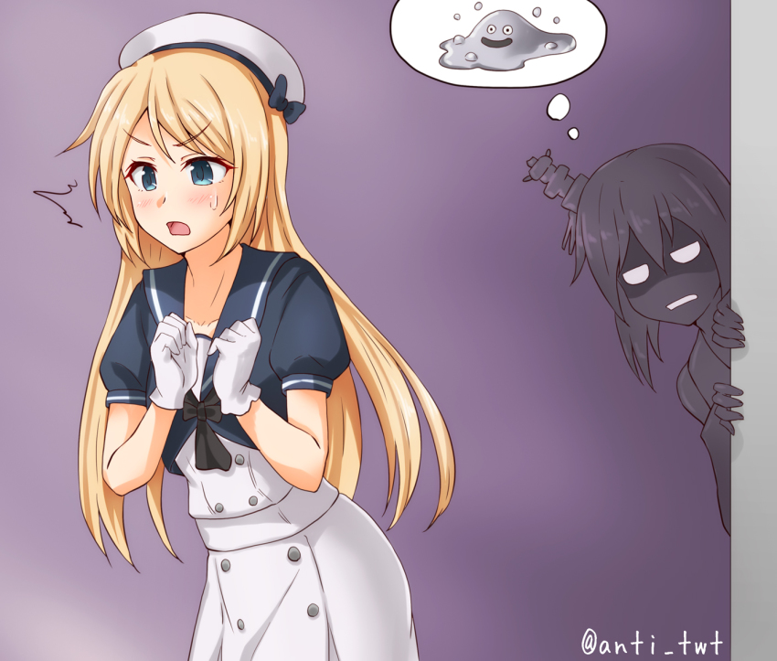 2girls anti_(untea9) blonde_hair blue_eyes blue_sailor_collar commentary_request dragon_quest dress gloves hair_ornament hat highres jervis_(kancolle) kantai_collection liquid_metal_slime_(dq) long_hair metal_slime multiple_girls nontraditional_miko purple_background sailor_collar sailor_dress sailor_hat short_hair short_sleeves simple_background solo_focus speech_bubble thought_bubble twitter_username white_dress white_gloves white_headwear yamashiro_(kancolle)