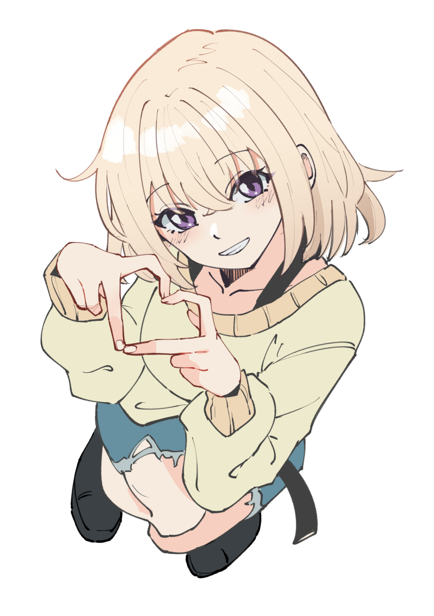 1girl absurdres bang_dream! bang_dream!_it&#039;s_mygo!!!!! blonde_hair blue_shorts clenched_teeth commentary four-finger_heart_hands hair_between_eyes heart heart_hands highres long_sleeves looking_at_viewer masruu medium_hair misumi_uika open_mouth parted_lips purple_eyes shorts simple_background solo sweater teeth textless_version white_background yellow_sweater