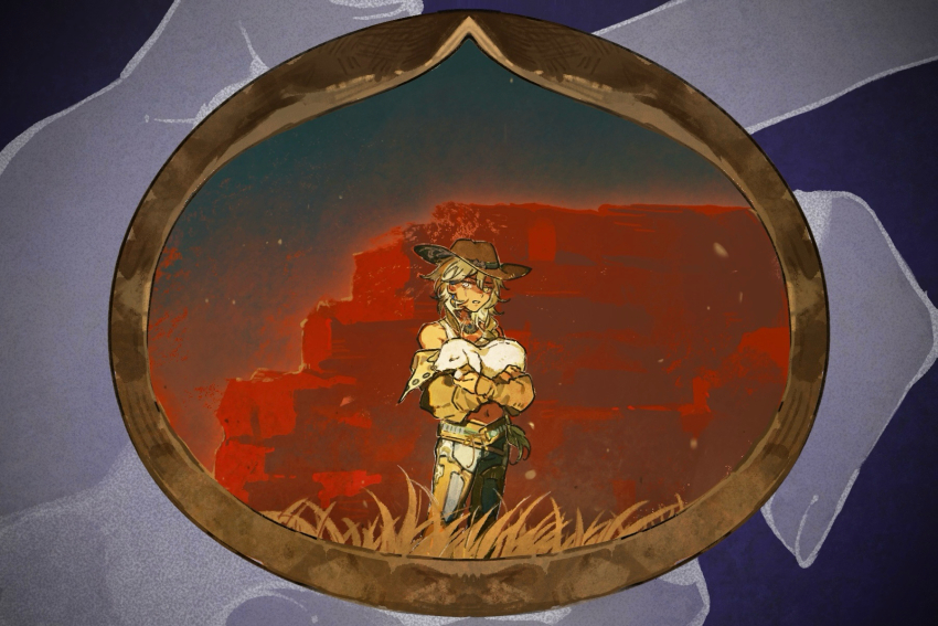1girl animal argus_(reverse:1999) bare_shoulders blonde_hair blue_pants braid brown_hat brown_sleeves chaps cliff cowboy_hat cowboy_shot denim detached_sleeves grass grey_eyes hair_over_shoulder hat highres holding holding_animal jeans lamb long_braid long_hair looking_at_viewer midriff navel official_art oval_image pants purple_background reverse:1999 scar scar_across_eye scar_on_face sheep single_braid solo standing yellow_eyes