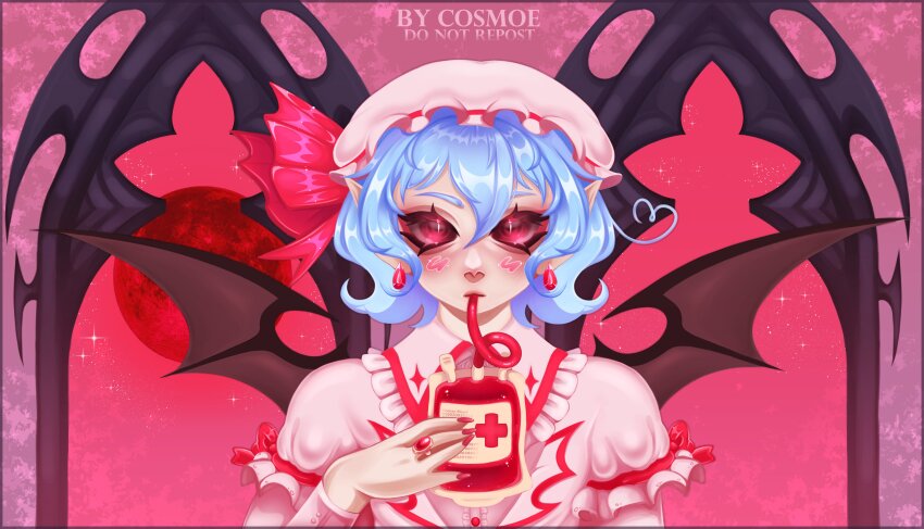 1girl absurdres bat_wings black_wings blood blood_bag blue_hair collared_shirt cosmoe_art drinking drinking_blood french_commentary frilled_shirt_collar frilled_sleeves frills full_moon hair_between_eyes hat highres jewelry looking_at_viewer medium_hair moon nail_polish pink_background pink_hat pink_shirt puffy_short_sleeves puffy_sleeves red_eyes red_moon red_nails red_ribbon remilia_scarlet ribbon ribbon-trimmed_headwear ribbon_trim ring shirt short_sleeves sleeve_ribbon solo touhou upper_body wings