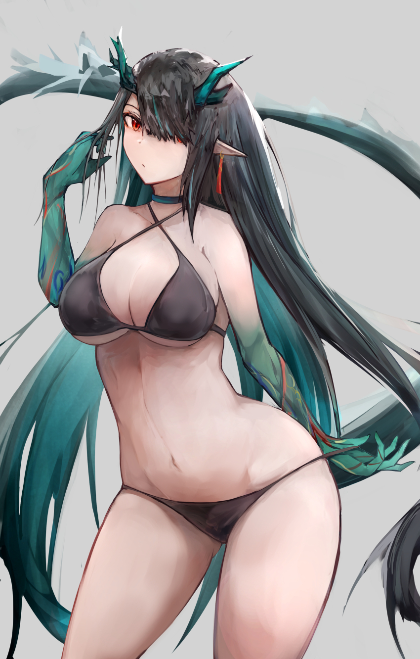 1girl absurdres arknights bare_shoulders bikini black_bikini black_hair breasts colored_skin cowboy_shot dragon_girl dragon_horns dragon_tail dusk_(arknights) earrings hair_over_one_eye highres horns jewelry kisumun long_hair looking_at_viewer multicolored_hair pointy_ears red_eyes solo swimsuit tail tassel tassel_earrings