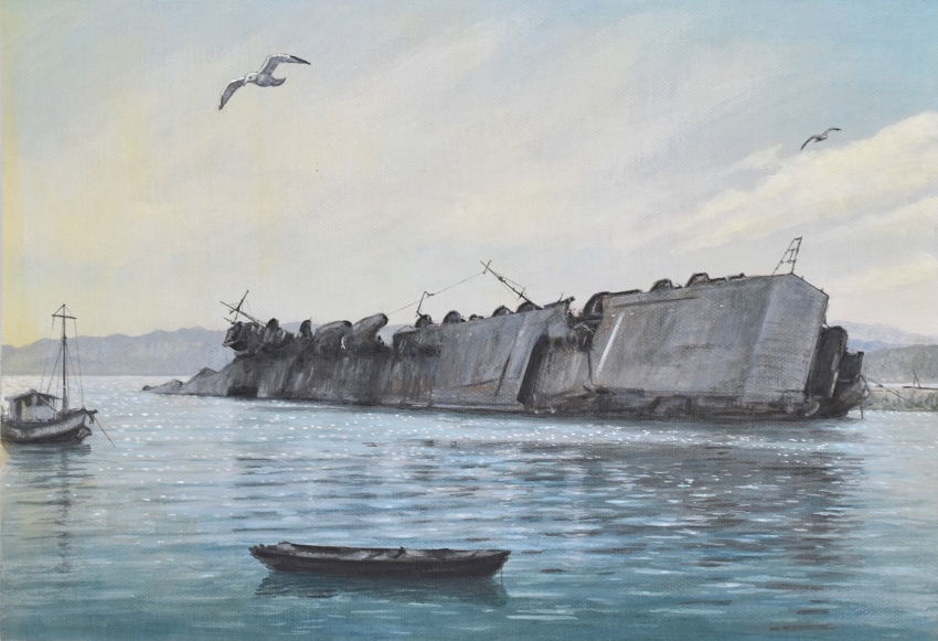 absurdres amagi_(unryuu-class_aircraft_carrier) atelier_bono bird boat highres imperial_japanese_navy military_vehicle no_humans ocean original painting_(medium) port ruins seagull ship shipwreck sky sun_glare traditional_media warship watercolor_(medium) watercraft world_war_ii